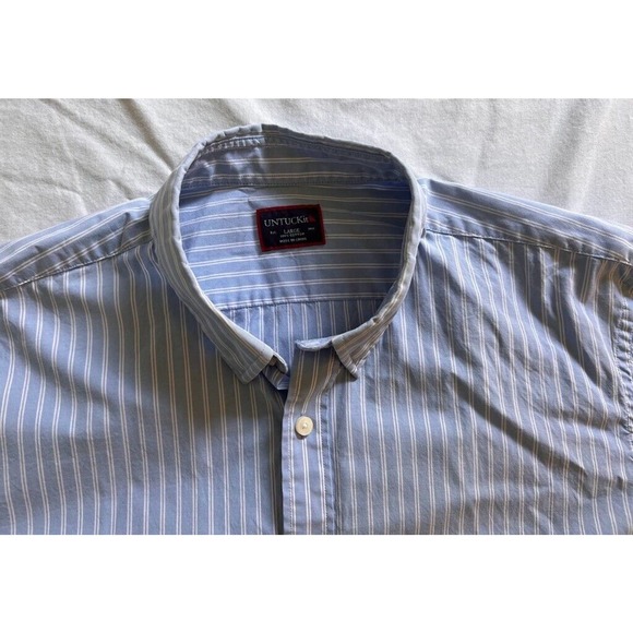 UNTUCKit Mens Button Up Dress Shirt Blue White Stripe 100% Cotton Collar‎ L - Picture 8 of 9